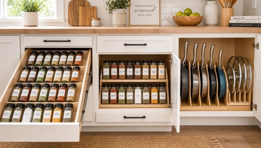 Organized kitchen showing spice drawer insert with visible labels cabinet tiered riser and vertical pan organizer all in one view