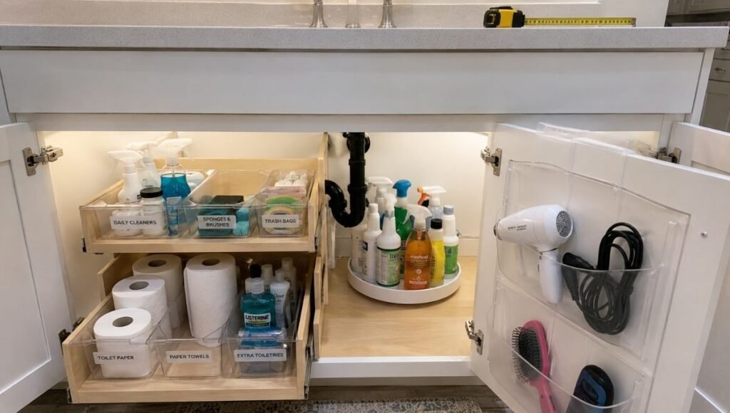 Organized under sink bathroom cabinet showing pull-out sliding organizer turntable for bottles and door mounted pocket organizer