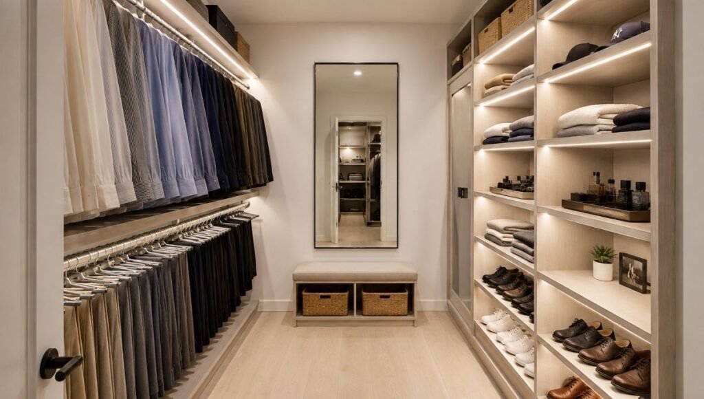 Walk in closet showing double hang rod on left wall floor to ceiling shelving on right and full length mirror with bench on back wall