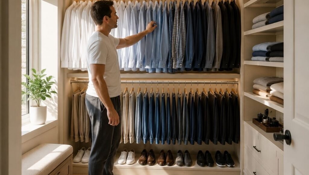 Person reaching for shirt in organized walk in closet showing color coded hanging section lower rail and clear floor in calm morning routine