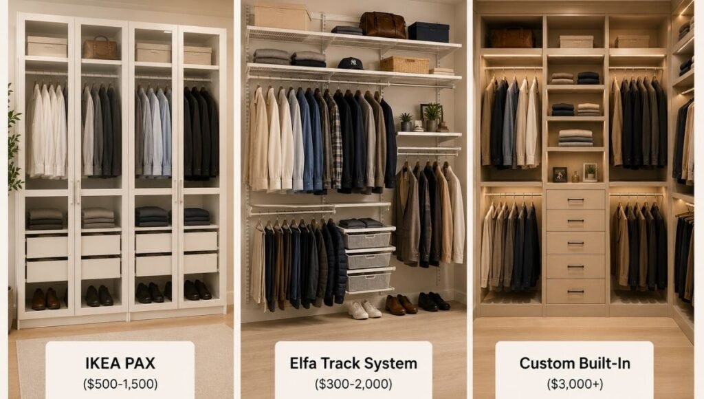 Three walk in closet systems compared side by side — IKEA PAX freestanding Elfa track system and custom built in with budget ranges labeled
