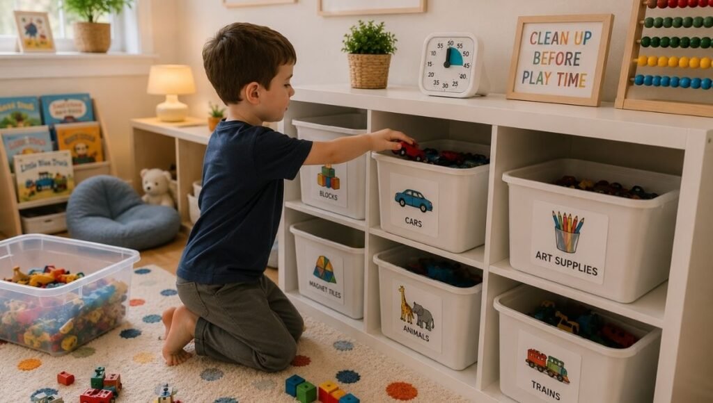 Child independently cleaning up playroom placing toy cars in labeled open bin at eye level with other completed bins visible and timer on shelf