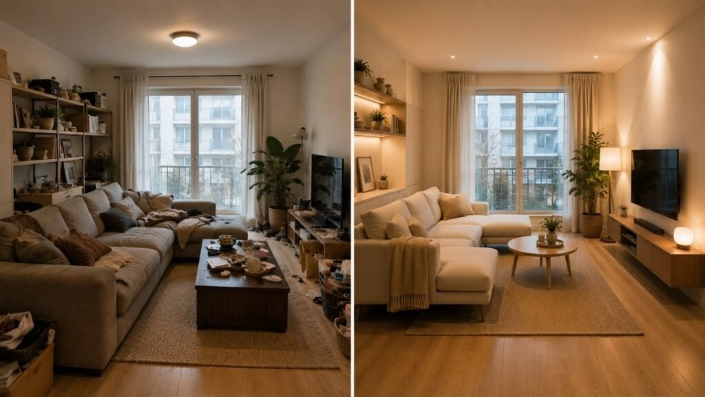 Before-and-after comparison of a cluttered and organized small apartment