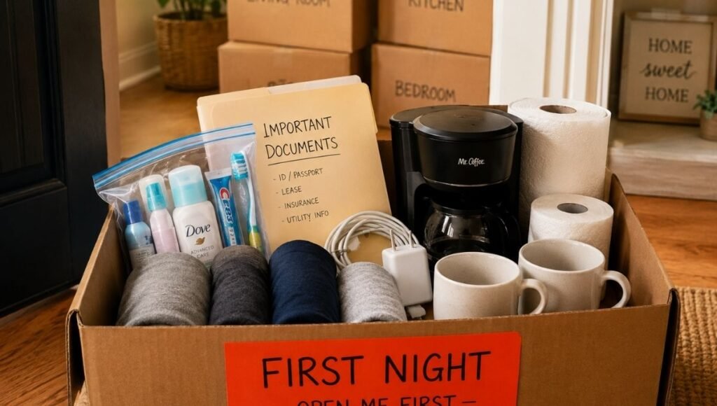 First night box labeled open me first showing toiletries change of clothes chargers documents coffee maker and toilet paper ready for moving day