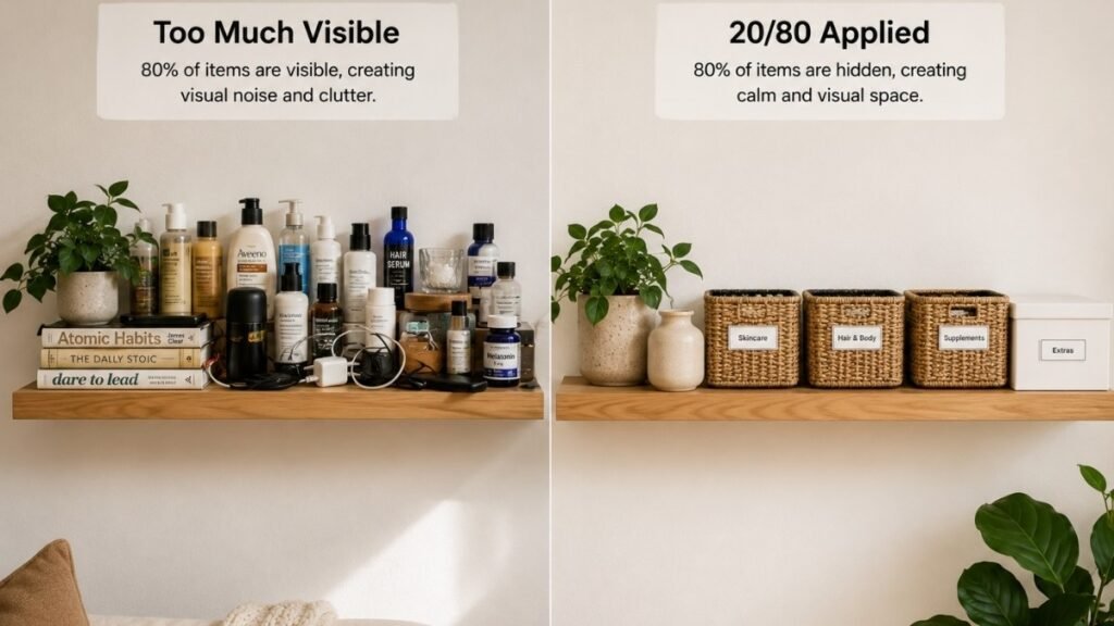 Floating shelf 20/80 rule showing before with too many visible items versus after with items hidden in matching baskets and only curated pieces visible