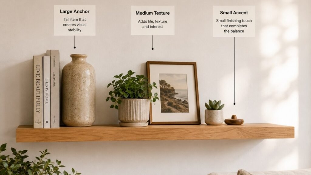 Floating shelf showing 3-layer styling formula with large anchor item medium texture objects and small accent details labeled