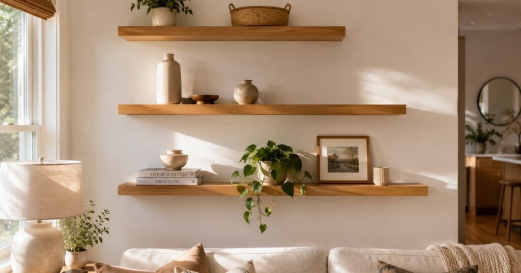 Three floating shelves in living room showing curated arrangement with books plants ceramic objects and deliberate empty space