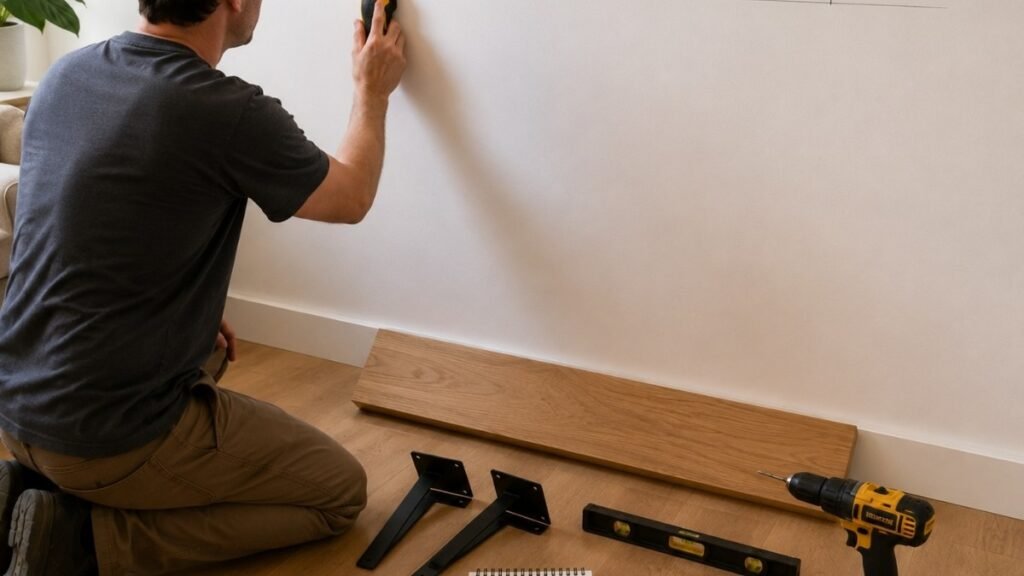 Person installing floating shelf using stud finder on white wall with shelf board brackets level and drill beside them showing preparation
