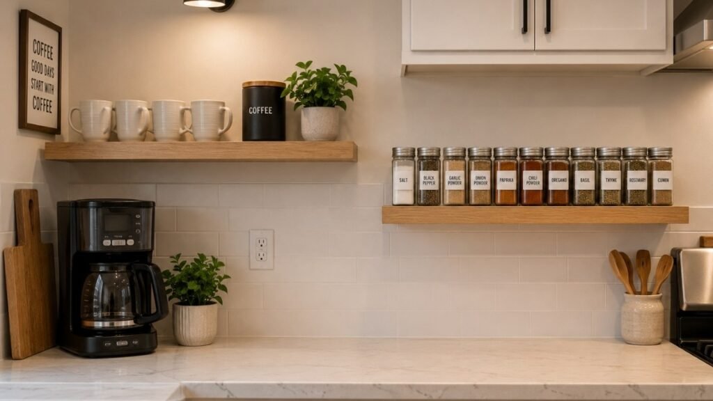 Kitchen floating shelves showing coffee station with matching mugs and canister beside spice shelf with uniform labeled jars