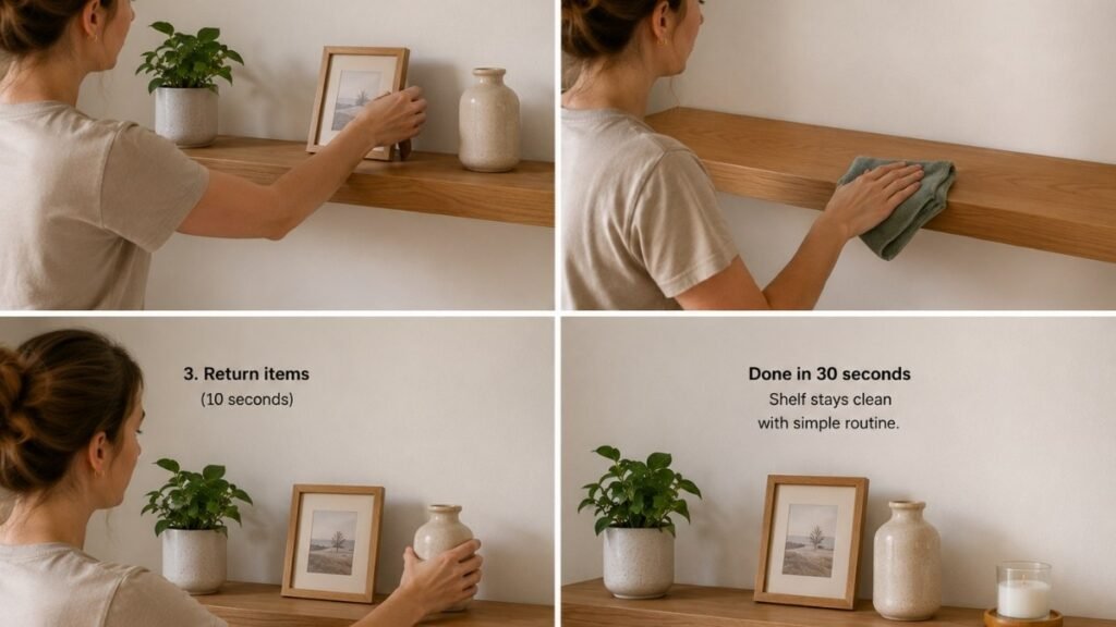 Person doing quick 30 second floating shelf wipe with microfiber cloth showing minimal shelf with only five objects making cleaning fast