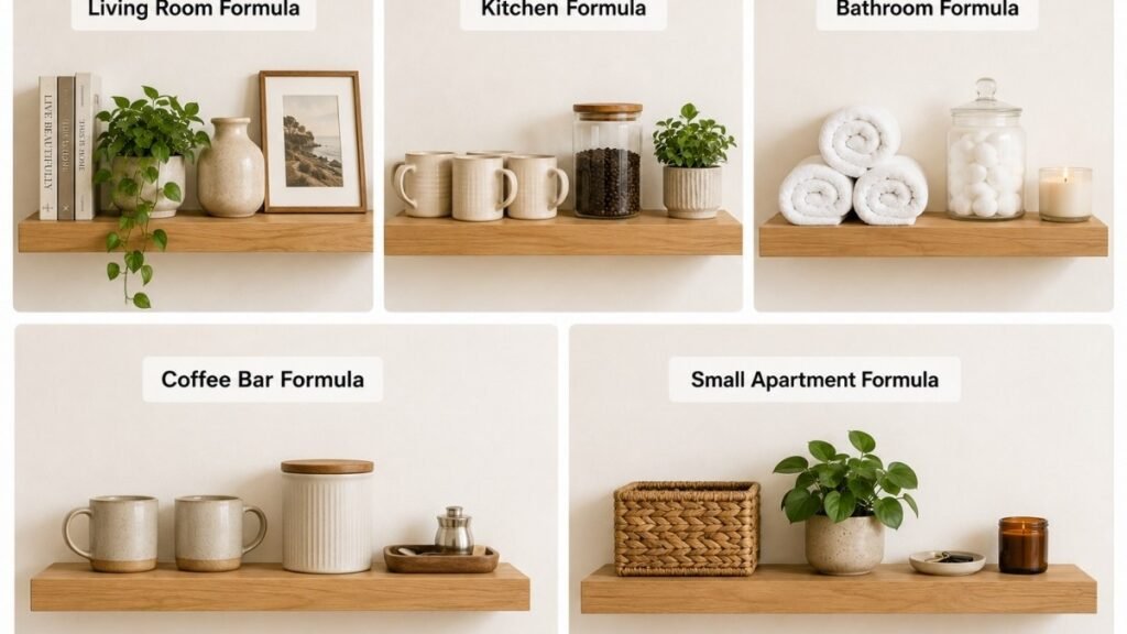 Five floating shelf styling formulas shown in grid — living room kitchen bathroom coffee bar and small apartment each with specific arrangement recipe