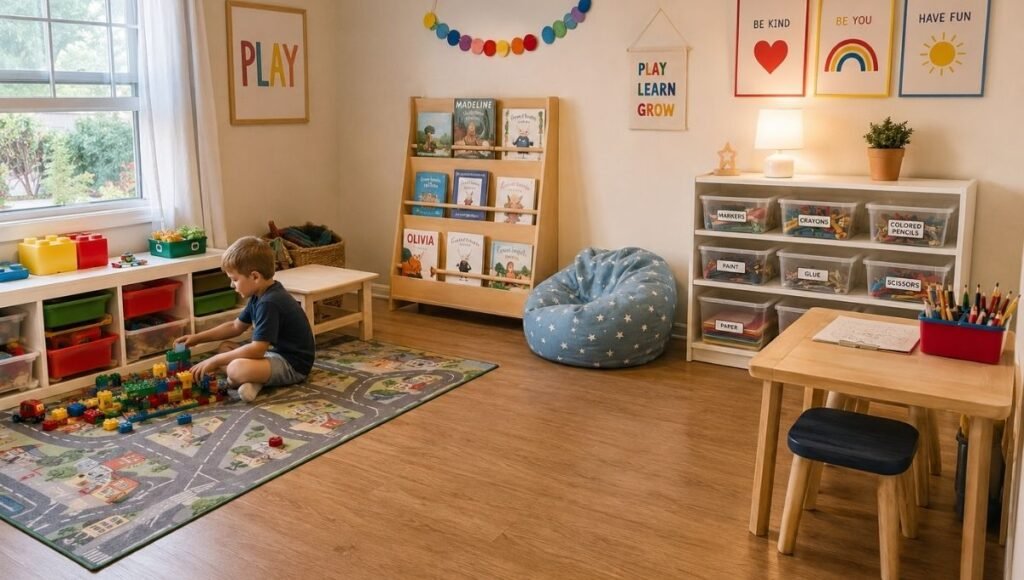 Organized kids playroom showing three activity zones — building zone with open bins reading nook with bookshelf and art zone with labeled supplies