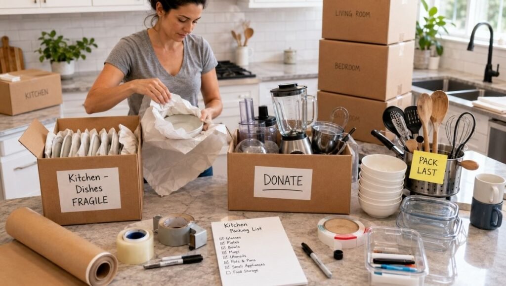 Kitchen being packed with dishes wrapped vertically in labeled fragile boxes donate pile of duplicates and daily use items marked pack last