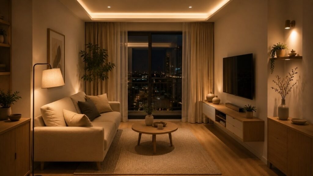 Layered ambient task and accent lighting in a minimalist apartment