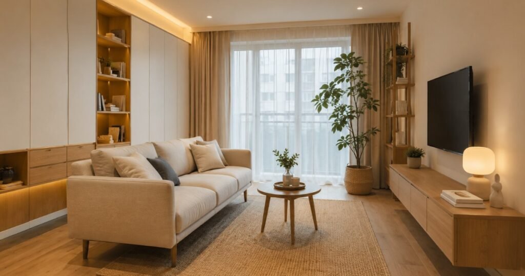 Warm minimalist living room designed for a small apartment