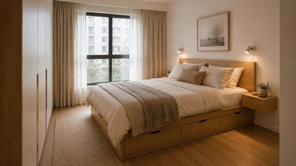 Small minimalist bedroom with a storage bed and floating nightstands