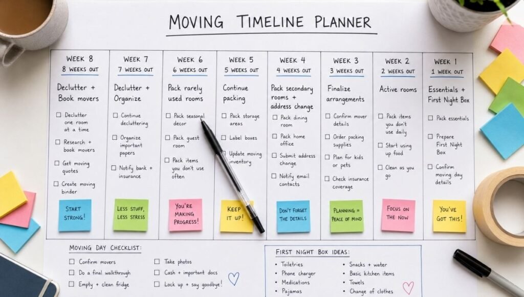 Moving checklist 8 week timeline calendar showing tasks by week from declutter at week 8 to essentials and first night box at week 1