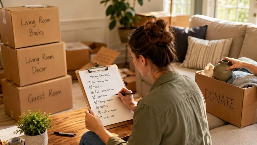 Person reviewing moving checklist on clipboard in living room with labeled packing boxes and separate donate box showing organized move
