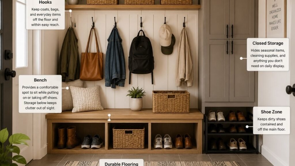 Mudroom showing five essential elements labeled — bench hooks closed storage shoe zone and durable flooring