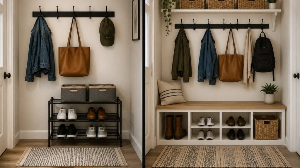 Mudroom budget comparison showing under 100 dollar setup with hook rail and shoe rack versus under 300 dollar setup with bench shelf and cubbies