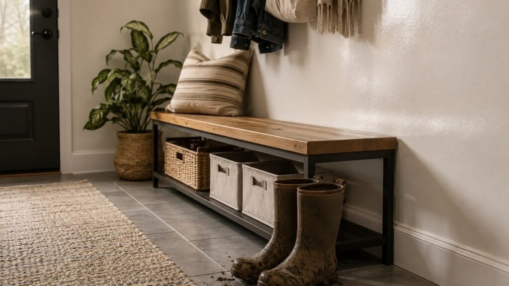 Mudroom showing durable materials — sealed tile floor with washable runner semi-gloss white walls and sealed wood bench with muddy boots in real use