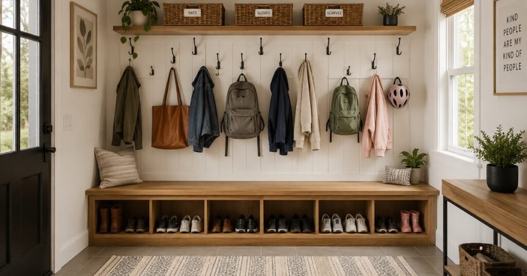 Complete mudroom showing bench with shoe cubbies wall hooks at adult and child height floating shelf with baskets and clear floor
