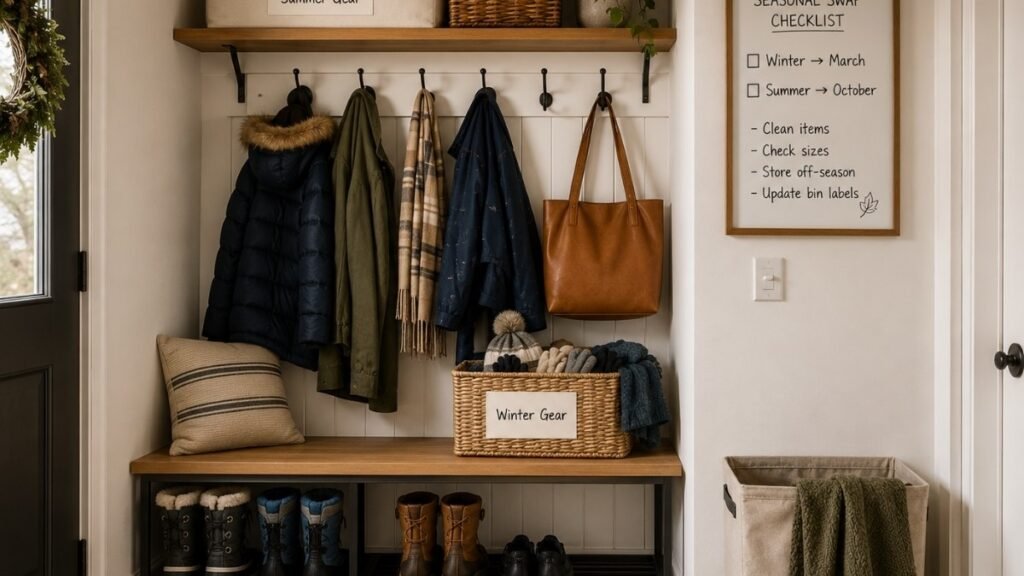 Mudroom seasonal rotation showing winter coats and boots active on hooks with off-season summer gear stored in labeled bin on high shelf