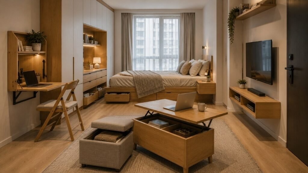 Multifunctional furniture arranged in a compact minimalist apartment