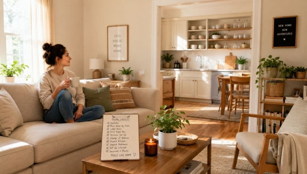 New home organized and settled in first week showing clear living room open organized kitchen and person relaxed with completed moving checklist
