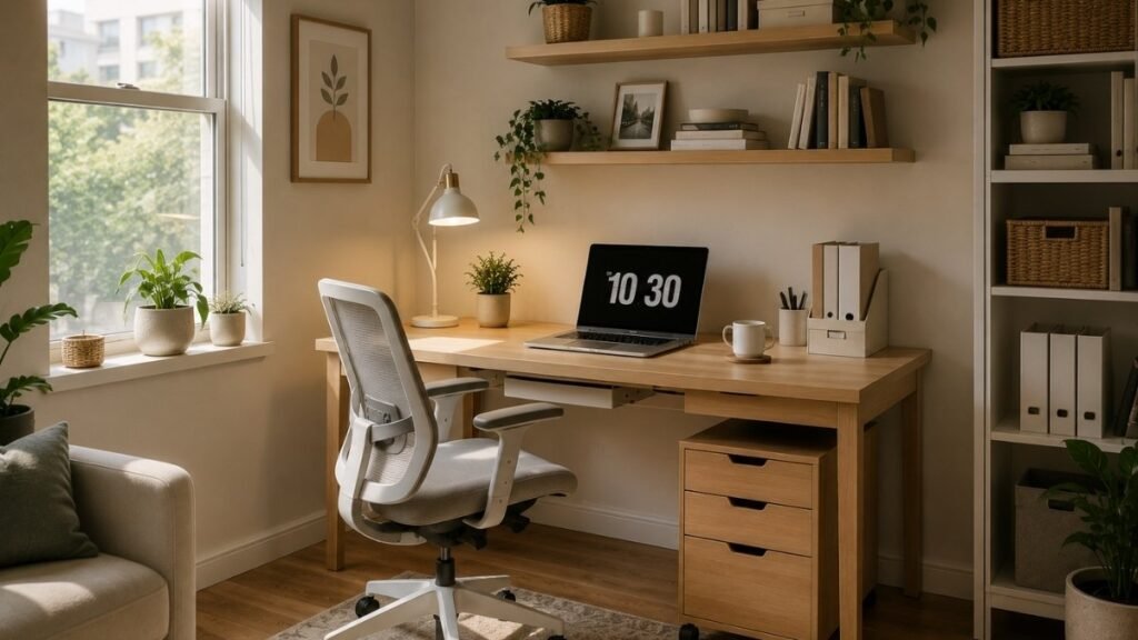 Clean and inviting small home office with natural light, organized desk, and cozy minimalist decor