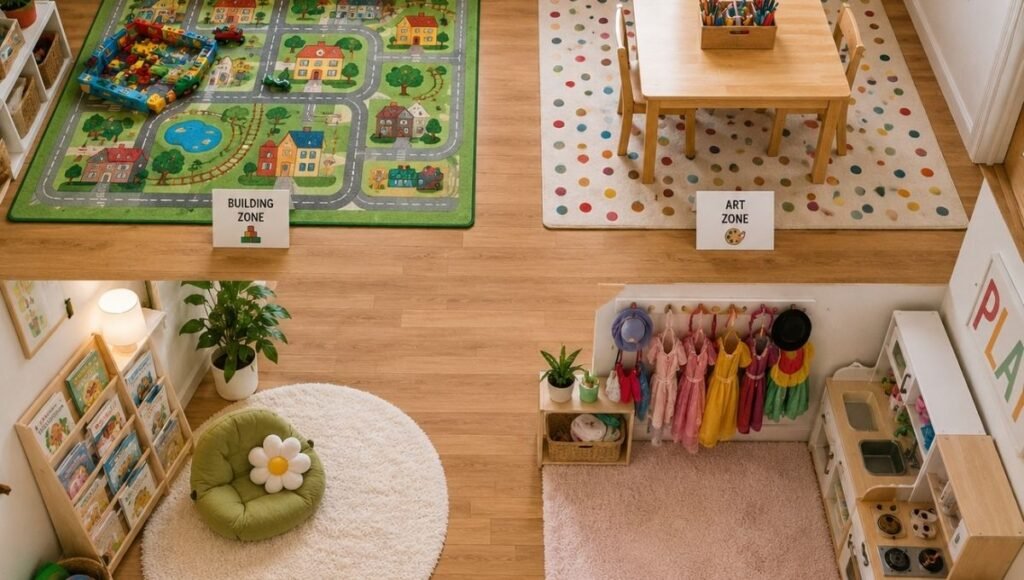 Playroom bird's eye view showing four activity zones — building art reading nook and pretend play each defined by rugs and furniture