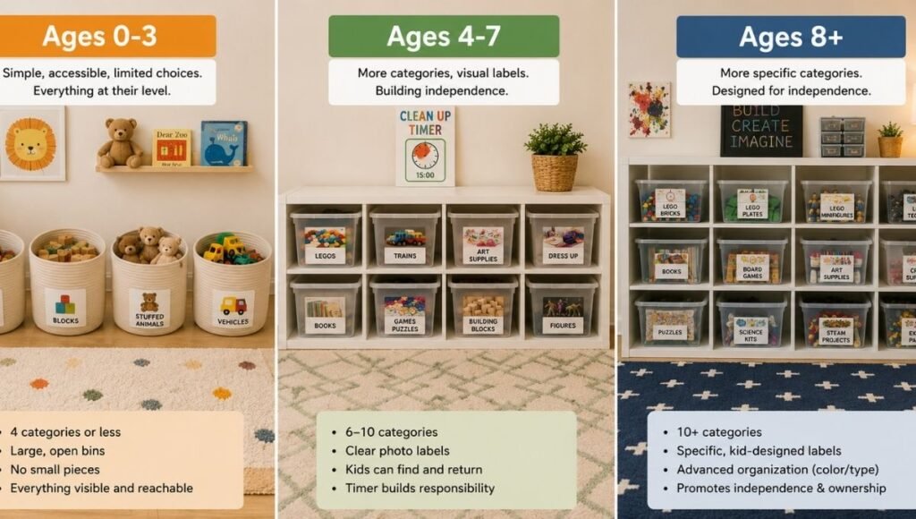 Three playroom storage setups by age showing simple large bins for toddlers labeled photo bins for preschoolers and sophisticated cube organizer for school age