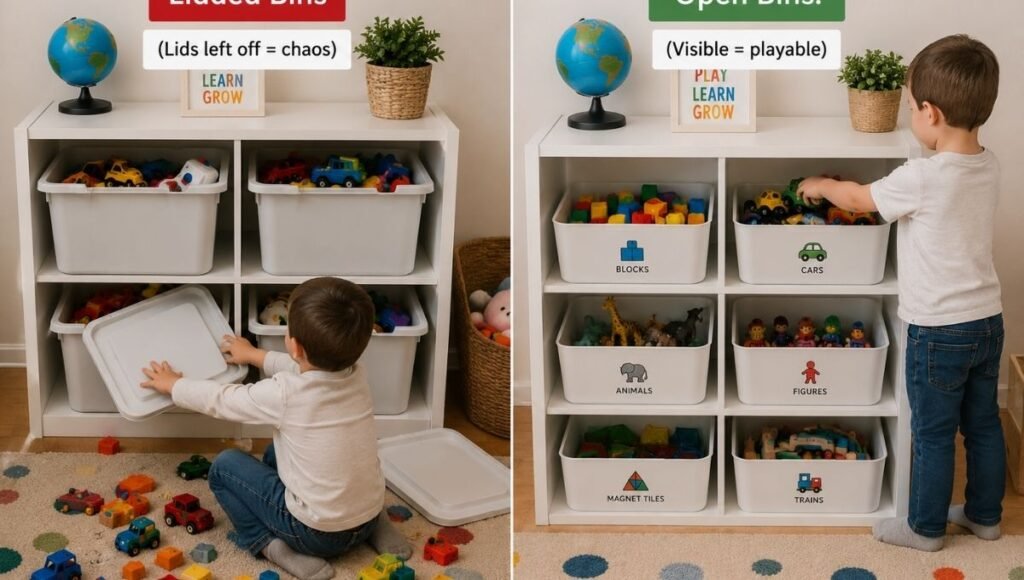 Playroom storage comparison showing lidded bins with lids off and mess versus open bins where child independently puts toys away