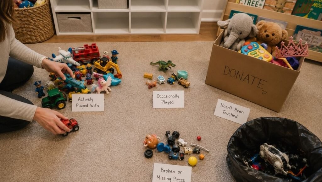 Playroom toy audit showing four groups — actively played occasionally played hasn't been touched and broken items with donation box