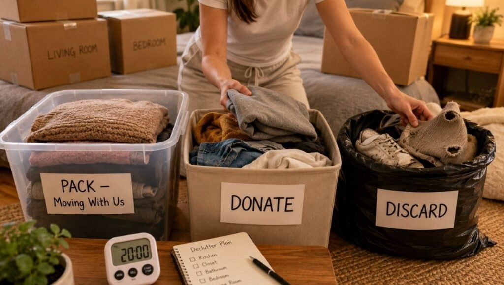 Pre-move declutter showing three container system with pack donate and discard containers with person sorting items and timer visible