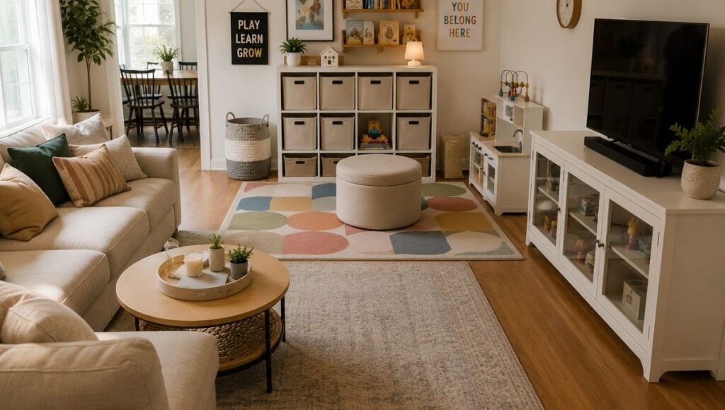Living room with defined play zone showing area rug boundary cube organizer with fabric bins and storage ottoman in family home