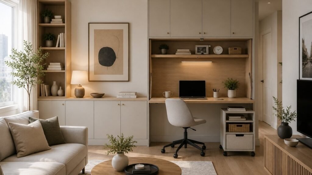 Living room home office with fold-down desk and hidden storage that blends into the room