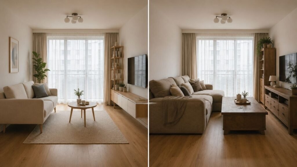 Comparison of slim raised furniture and bulky furniture in a small living room