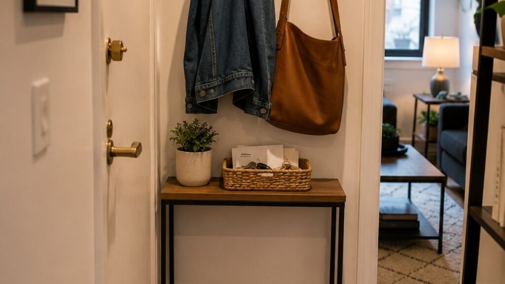 Small apartment drop zone showing narrow console table with two hooks above basket for keys and slim shoe tray below in minimal footprint