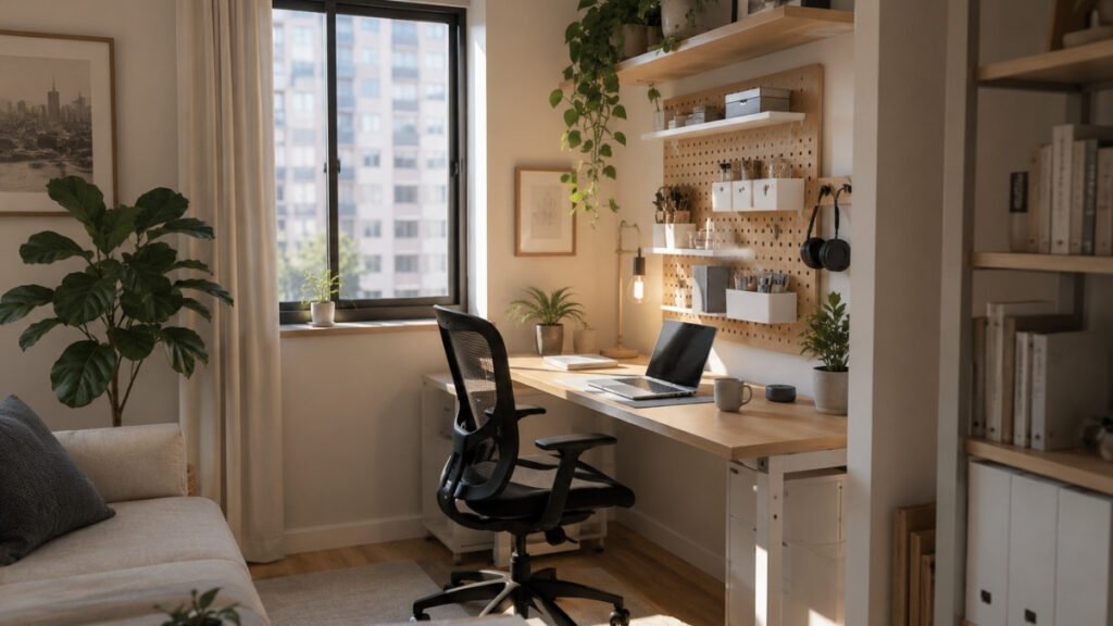 Small home office ideas with a compact desk, floating shelves, and organized storage in a bright modern apartment