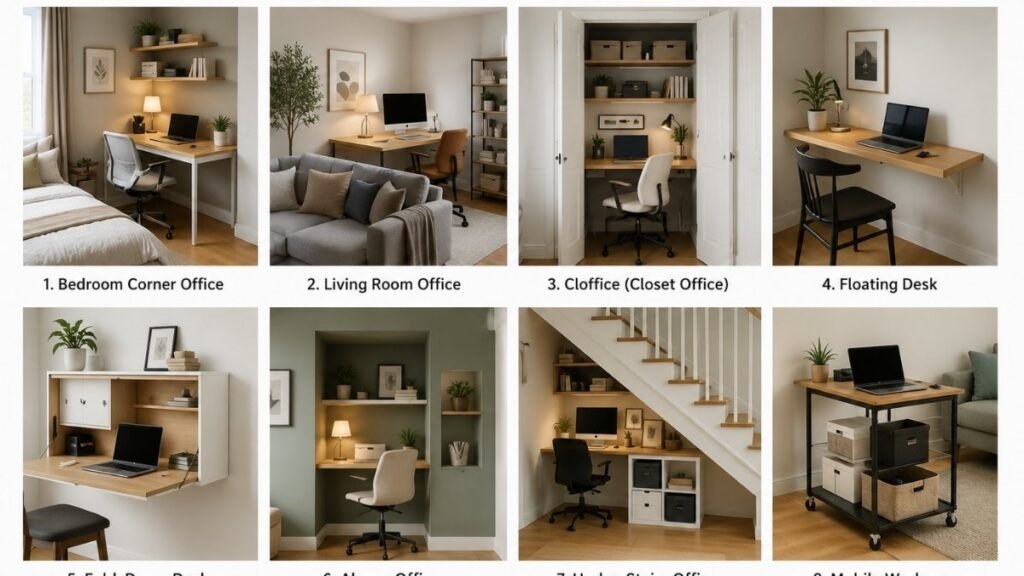 Comparison of different small home office layout ideas for bedrooms, living rooms, closets, and compact spaces
