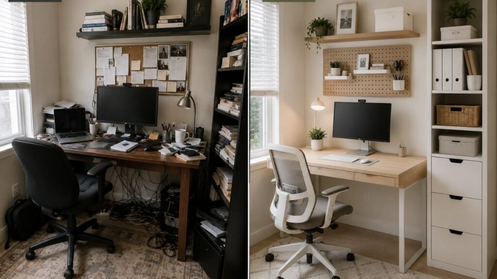 Comparison of cluttered and organized small home office layouts showing common space-saving improvements