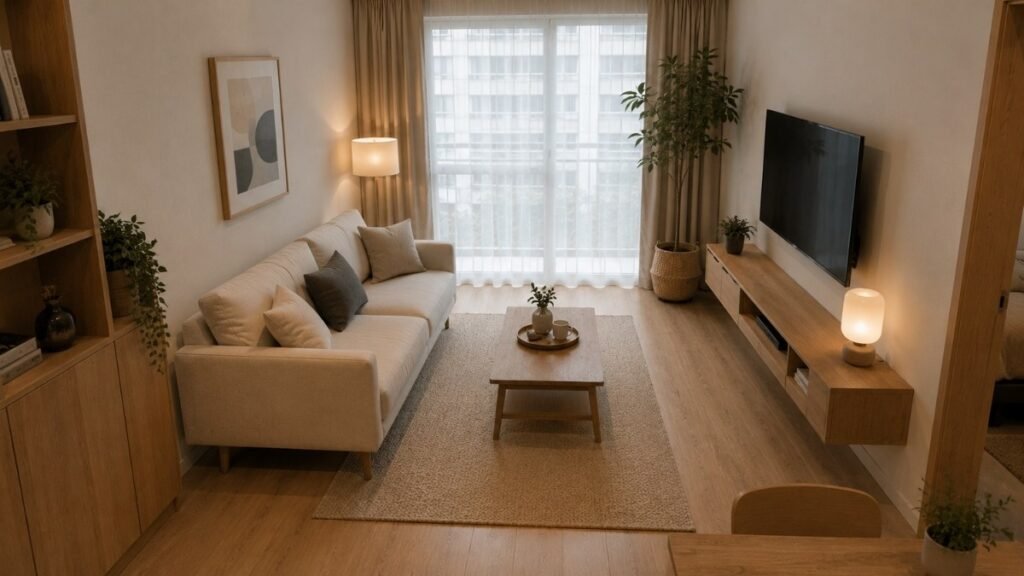 Minimalist furniture layout with a clear walkway in a small living room