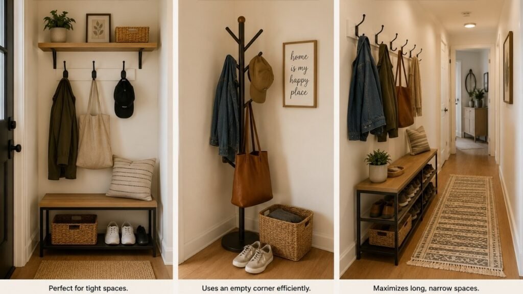 Three small mudroom solutions compared — one wall with hooks and bench corner drop zone with coat tree and hallway setup with hooks and runner