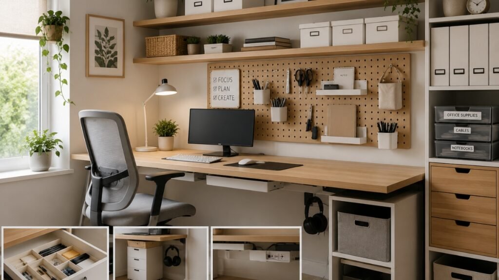 Organized small home office with pegboard, floating shelves, drawer organizers, and hidden cable management