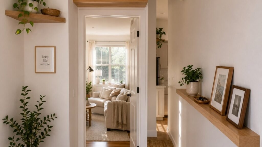 Small apartment showing three floating shelf hacks — corner shelf above door storage and narrow hallway shelf using otherwise wasted space