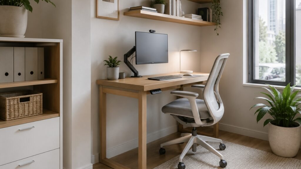 Compact home office furniture including a narrow desk, ergonomic chair, and monitor arm for small spaces