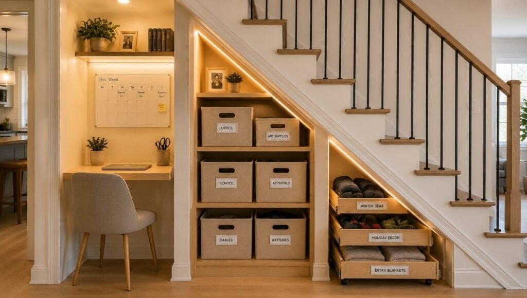 Fully organized under stairs space showing desk nook in tall section tiered bins in middle and rolling seasonal storage in low back section with LED lighting