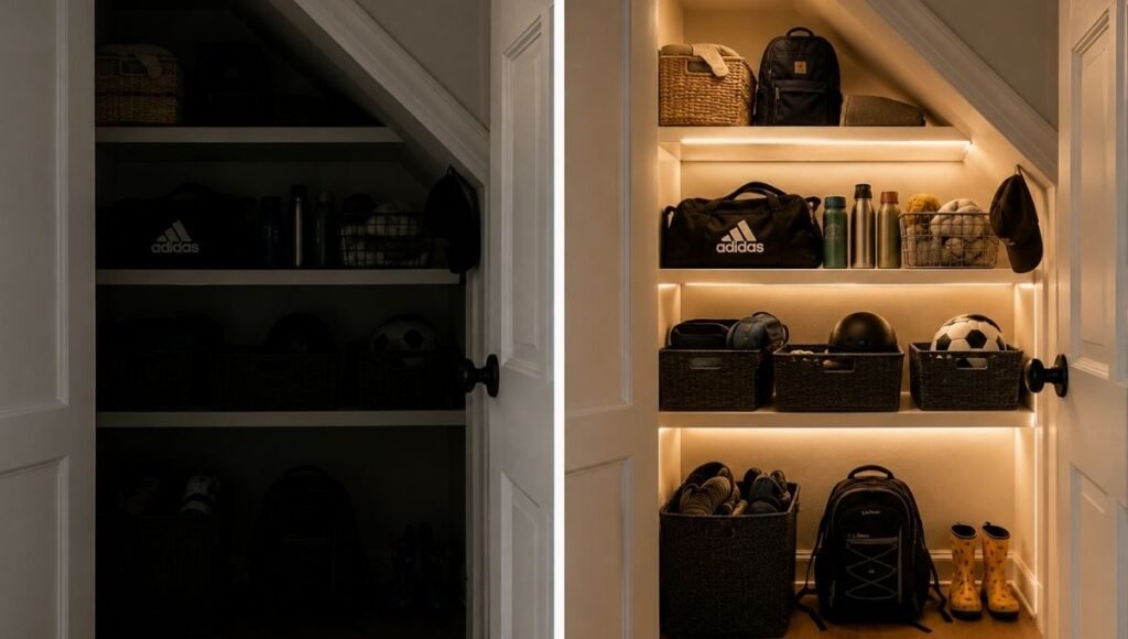 Under stairs storage before and after showing dark inaccessible space versus same space with LED strip lighting making contents clearly visible