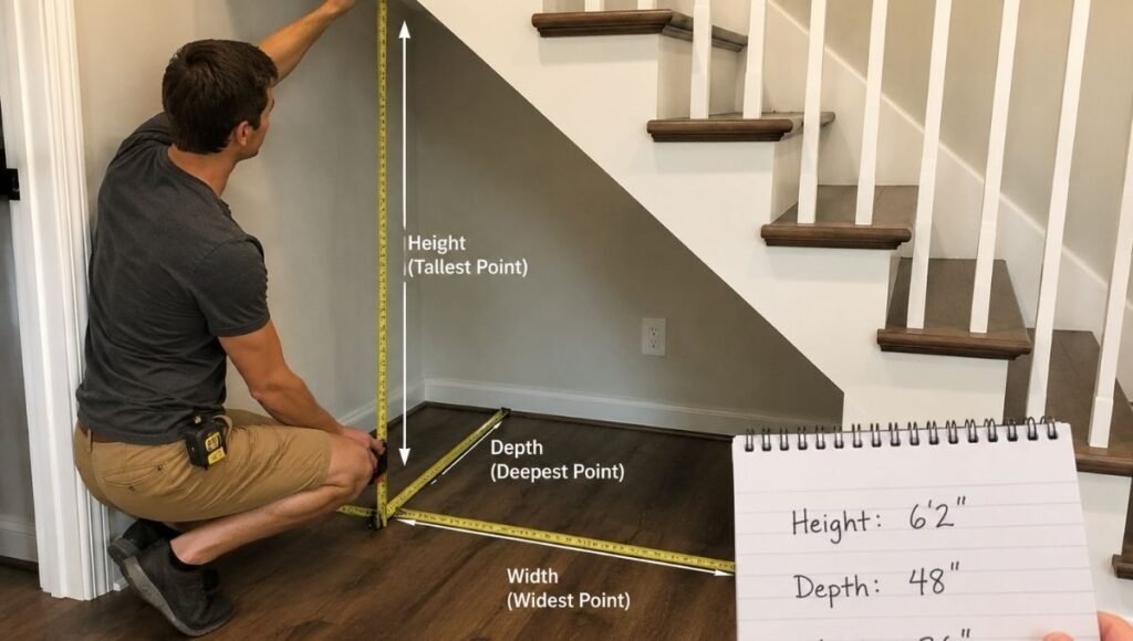 Person measuring under stairs space with tape measure taking height depth and width measurements with notepad showing dimensions written down